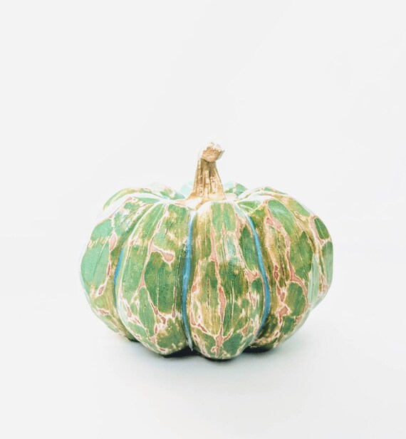 Pumpkin hand painted Resin Pumpkin green and gold pumpkin painted pumpkins