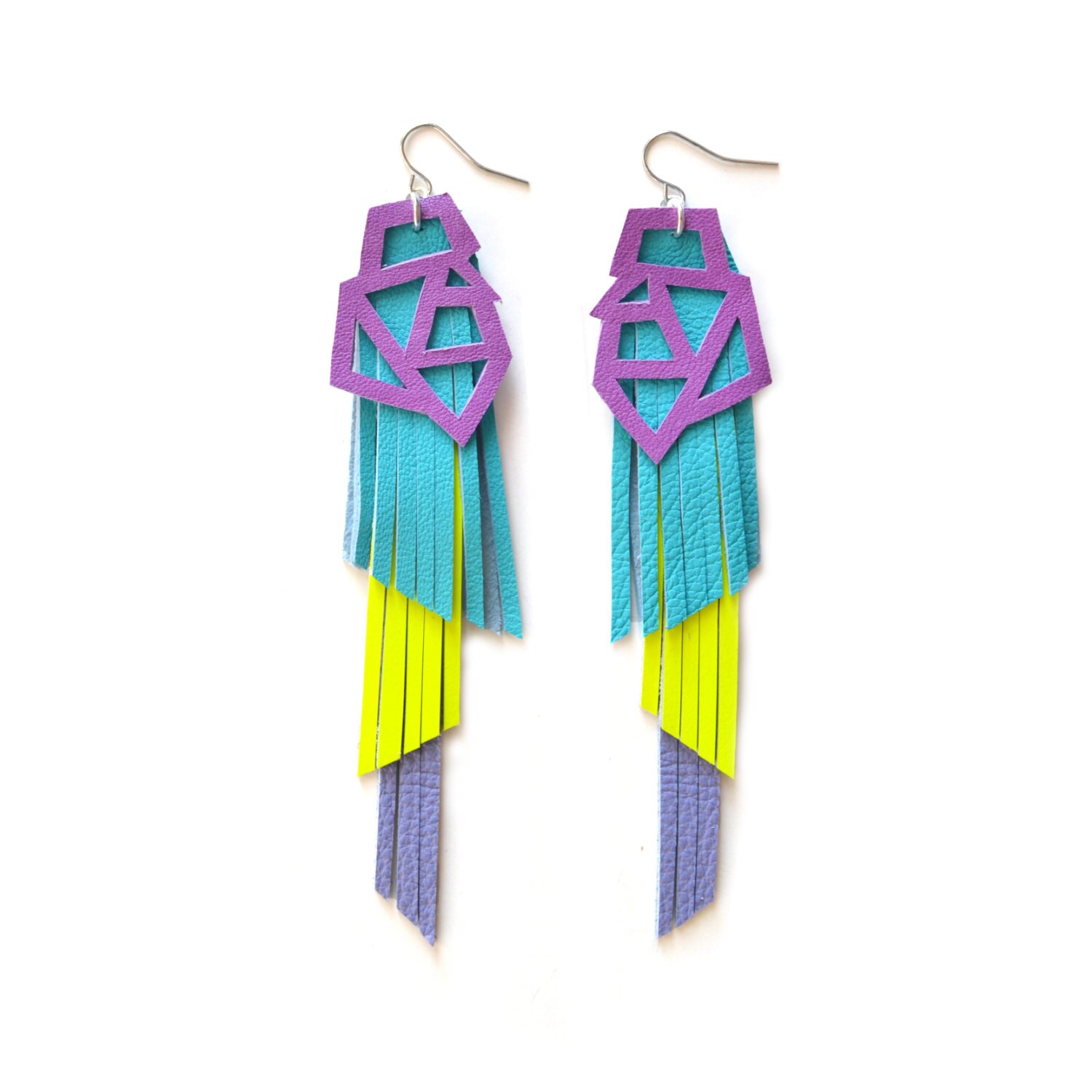 Neon Geometric Earrings Purple and Neon Yellow Fringe