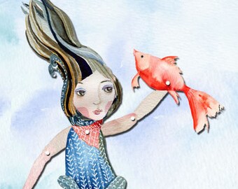Mermaid cut out, mermaid art doll, articulated doll, mermaid paper doll, printable paper doll, unique mermaid, gift for mermaid fan,Goldfish