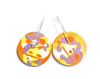 Jackson Pollock Inspired Paint Splattered Yellow/Orange/Purple Earrings
