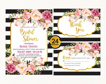 Floral Bridal Shower Invite, Peach Pink Peonies Invitation,Kate Stripes Invite,Gold Glitter,Black White,Digital Printable Invites,Customized