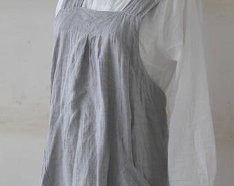 linen pinafore apron MADE IN JAPAN blue gray linen 100%