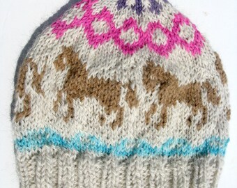 Knit Alpaca Hat with Trotting Horses for Men or Women, Fair Isle Cap