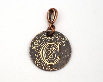 Small letter C pendant, round etched copper initial jewelry, optional necklace, 22mm