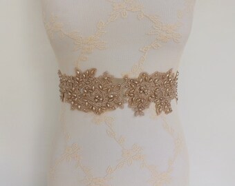 Champagne sash belt. Champagne floral lace and pearls. Taupe sash. Bridal sash