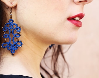 Blue beaded lace earrings/ tatted earrings/ beaded earrings/ lace jewelry/ lace earrings/ blue earrings