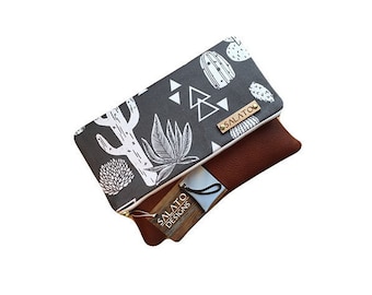 Cactus Succulent Fold Over Clutch with Leather Bottom,