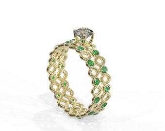 14K Gold Eternity Bridal Rings Set with Diamond and Emeralds | Handmade 14k gold eternity Bridal Rings Set with Diamonds and Emeralds