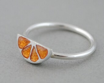 Tiny orange ring, sterling silver orange ring, minimal ring, Enamel jewelry, Small ring, midi ring, Fruit jewelry