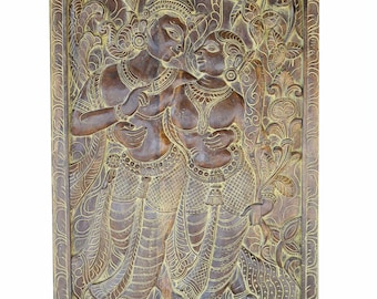 Antique Vintage Hand Carved Krishna Radha Carving Barn Door, Spritual Love Haveli Decor