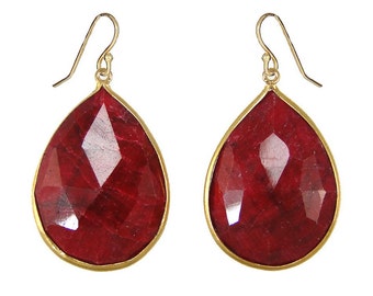Ruby Earrings, Red Raw Ruby Earring, July Birthstone, Gold Filled Wires, Ruby Jewelry, Large Ruby Earring, Drop Earring,Bezel set earring