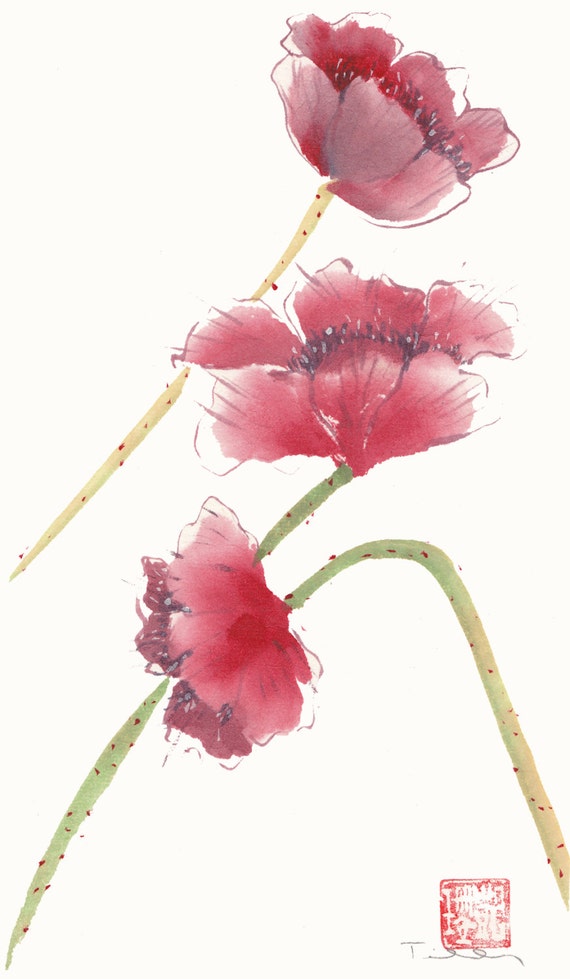 Items similar to Red Poppy Original Watercolor Painting Chinese brush ...