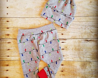 Infant Christmas outfit, baby shower gift, Christmas gift, jogger pants, top knot hat
