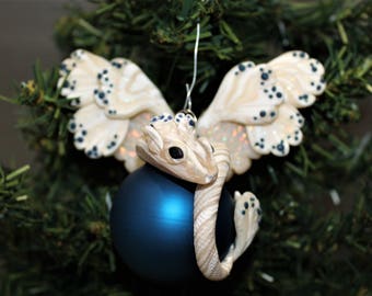 White and Blue Polymer Clay Dragon Christmas Ornament