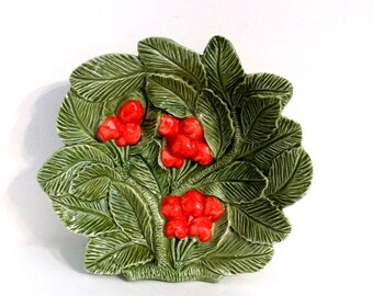 Green Majolica Plate, Majolica Pottery Plate, Vintage Majolica Italian Pottery, Majolica Leaf and Cherries Plate, Made In Italy