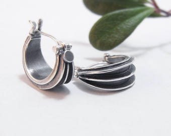 Sterling Silver Hoop Earrings Triple-Ribbed Hoops Modern Hoop Earrings Sterling Earrings Small Hoop