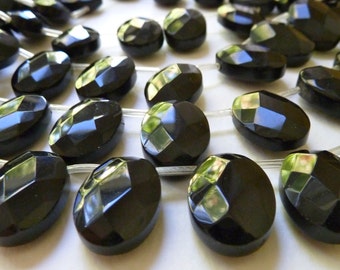 Large Faceted Black Glass Briolettes, Oval Briolettes - Top Drilled Left to Right - 13x18mm - Qty 5 pcs