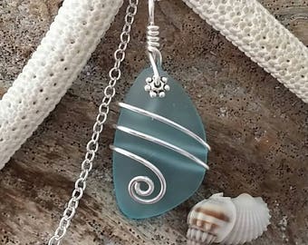 Handmade in Hawaii, Wire wrapped Turquoise Bay blue sea glass necklace, Sterling silver chain, Hawaiian jewelry, Mother's Day Gifts