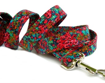 Floral Dog Leash - Wildflowers in Fuchsia Teal Blue Green