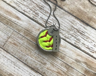 Softball Necklace - Personalized Name & Number - Hand Stamped - Softball Seams - Softball Leather - Personalized Softball Necklace - Round