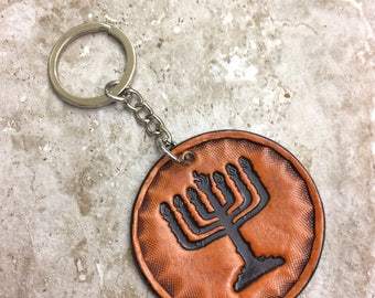 Hebrew MENORAH Keychain Leather Hebrew Messianic- Israel Symbol