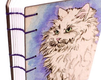 Purple Cat Journal - Lay Flat Journal - Unlined Journal - Coptic Stitch - 160 Pages - handmade by Ruth Bleakley