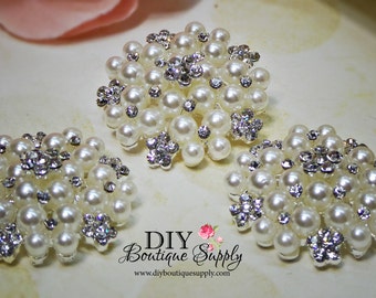 30mm Large Pearl buttons flatbacks Rhinestone buttons Crystal Buttons Big Pearl flower centers Bridal accessories 3pcs 751068
