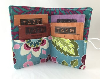 Tea Bag Case - Tea Bag Holder - Tea Wallet- Tea Bag Wallet- Tea Holder - Tea Bag Organizer - Riley Blake Botanique Flowers Teal