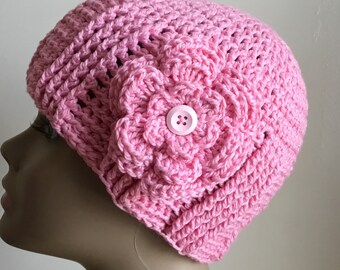 Women’s crochet hat, summer / spring, COTTON/SILK, chemo hat, pink, removable flower, Ready to ship. S45
