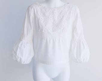 Puffed Sleeve Cotton Peasant Style Blouse - Sz S