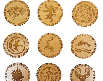 Game of Thrones Inspired Wooden Coasters - Set of 9 Engraved House Sigils (Cherry)