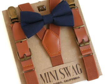 Navy Bow Tie and Leather Suspenders, Ring Bearer Outfit, Toddler Bow Tie Suspenders Set, Boys Suspenders Bow Tie Set, Navy Wedding Outfit
