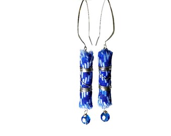 Fabric Earrings, Long Blue Earrings, Artsy Jewelry, Fabric Jewelry, Fiber Art Jewelry, Cobalt Blue, Bead Dangle