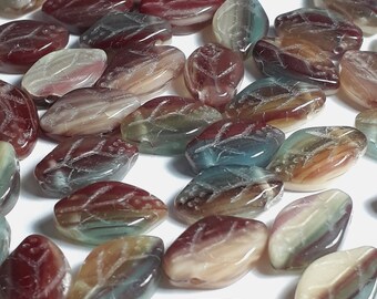 20pcs Aqua & Red Leaf Beads - Czech Glass Beads - Rustic Beads - Blue And Red Beads 12x7mm - GB274