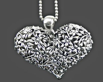 Big Puffy Heart Pendant Filigree Silver Tone on Long Ball Chain Necklace