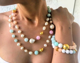 Multicolored pearl necklace, freshwater pearl necklace, amazonite necklace, pastel necklace, multi colored necklace