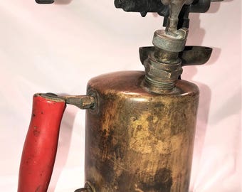 Antique 1920's Clayton & Lambert Mfg Co 7678 Blowtorch with Red Wood Handle and Engraved Shield "Trade-Mark Dearborn, Mich" - Unique Find!