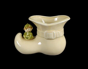 Vintage Ceramic Elf Shoe Planter with Miniature Elf Figurine