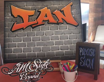 Airbrush Graffiti Brick Wall Art Canvas Sign In Board 20x24 Bar Mitzvah Bat Mitzvah Event and Party Decor