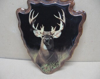 Trophy buck plaque on wood.