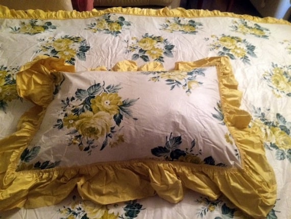 Fifties PLASTIC bedspread yellow floral & pillow sham for double bed