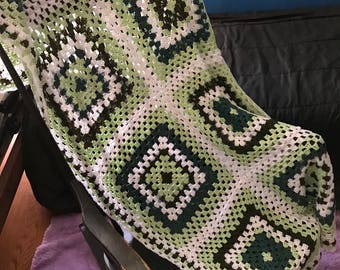 Green and White Granny Square Crochet Blanket