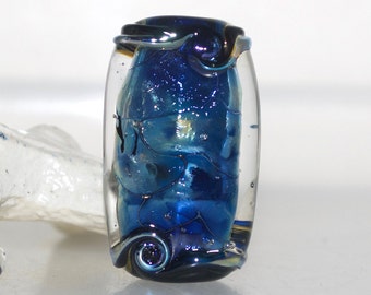 Blue Lustre with Black Wiggle Lampwork Glass Focal Bead