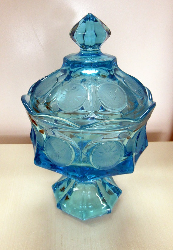 Fostoria Blue Coin Glass footed bowl with lid