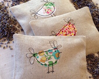 Set of three lavender bags, bird applique scented sachets, Liberty of London and linen lavender bags, gift idea