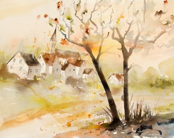 Original painting of French village in autumn with houses and church, Original watercolor, french landscape - countryside painting