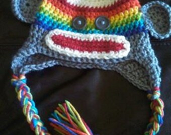 Crochet Monkey Hat - very warm and soft monkey hat for babies and toddlers. Choose any colors or sock monkey. Great for photo props.