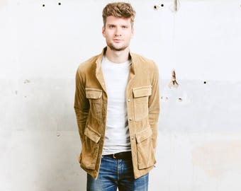 Men Corduroy Jacket . Vintage 70s Field Jacket MARIMEKKO Beige Coat with Pockets Work Jacket Outerwear . size Medium