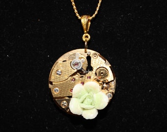 Steampunk Necklace Gold Watch with Porcelain Flower SP 18-27