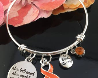 Leukemia, Leukaemia, Kidney Cancer Survivor, Multiple Sclerosis Awareness, Chronic Illness Charm Bracelet - Orange Ribbon - She Believed She